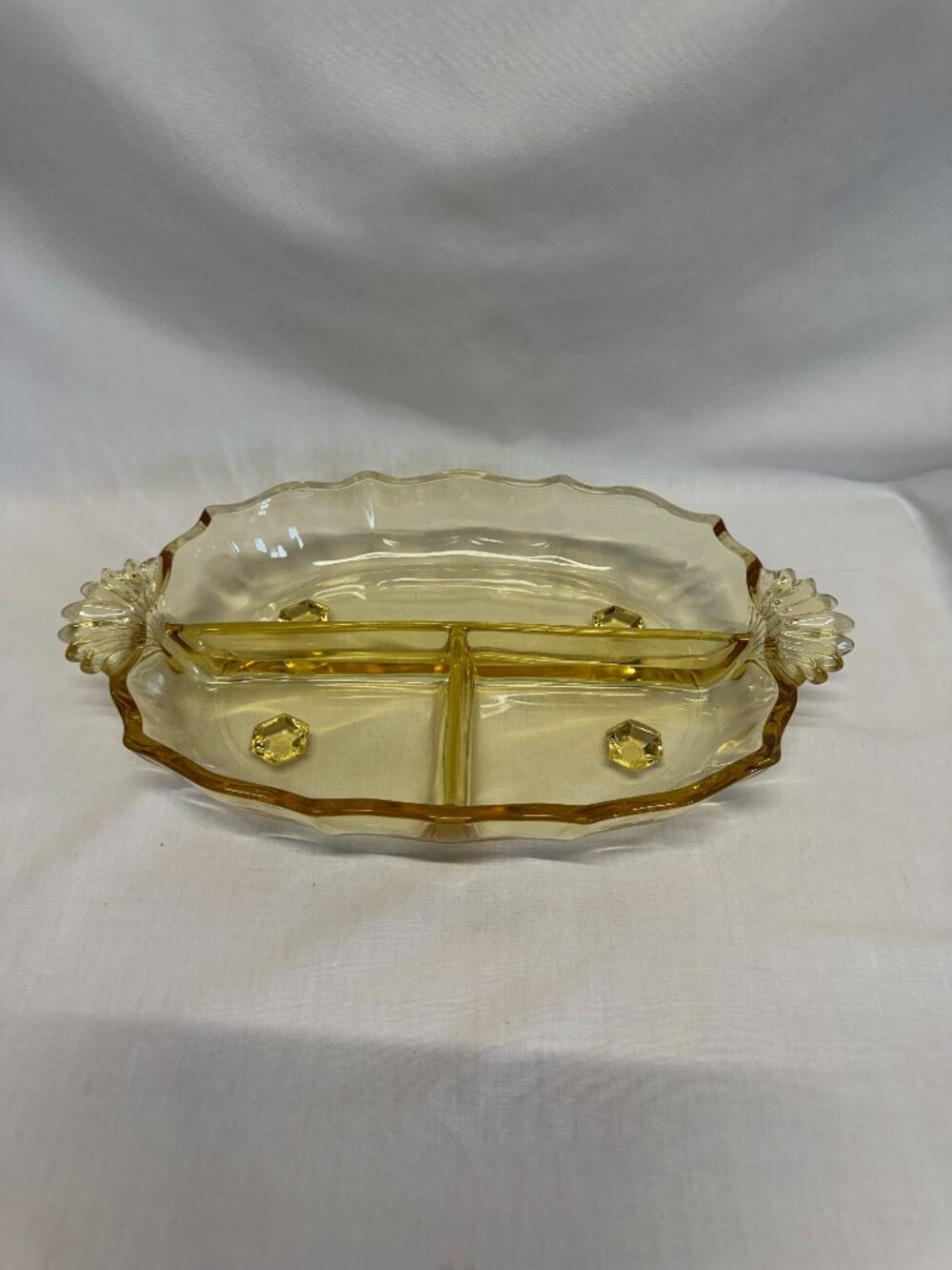 Vintage Fostoria Baroque Topaz Yellow Depression Glass 3-Part Relish Dish 12"